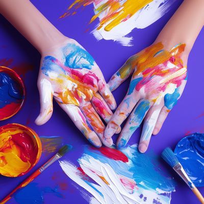 Colorful hands with paint on purple background.
